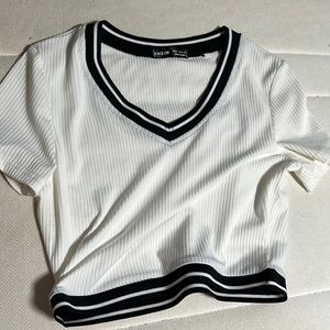 SHEIN white with black and white stripes V cut crop top